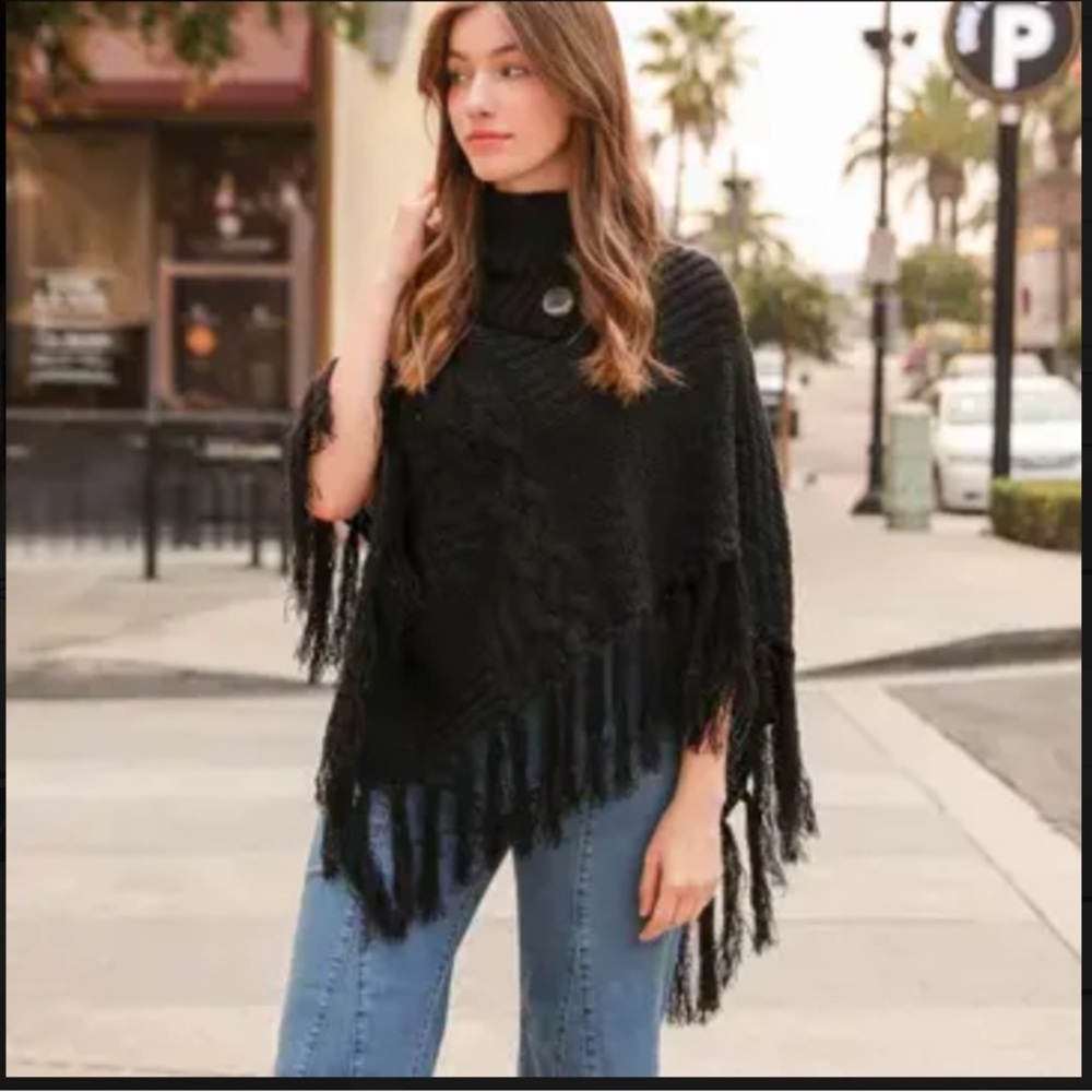 Turtleneck Cable Knit Poncho w/Tassels Black